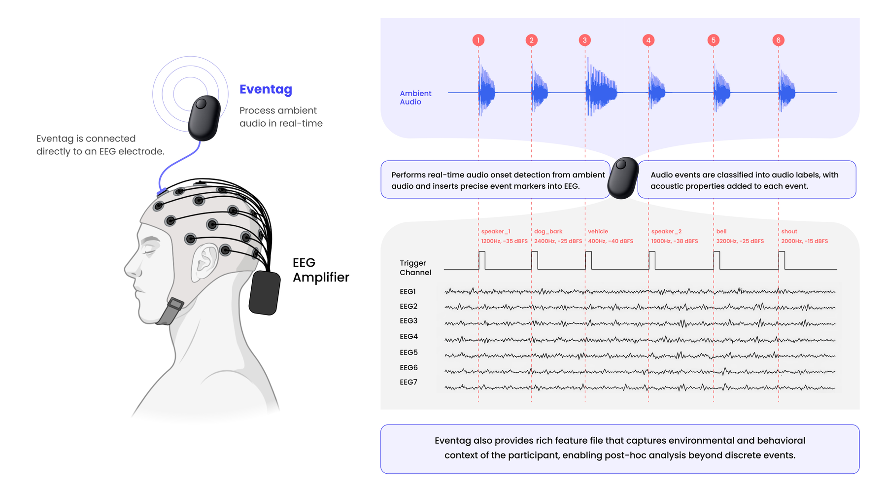 Eventag pipeline: Eventag connects to an EEG electrode, detects ambient audio onsets in real time, injects precise markers on the EEG trigger channel, and classifies each event into a label, aligned to the raw EEG channels.
